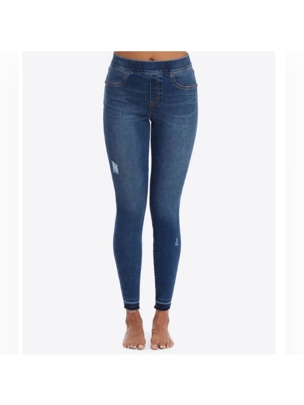 NWT Spanx Distressed Denim Leggings blue medium wash skinny pull on jeans XS